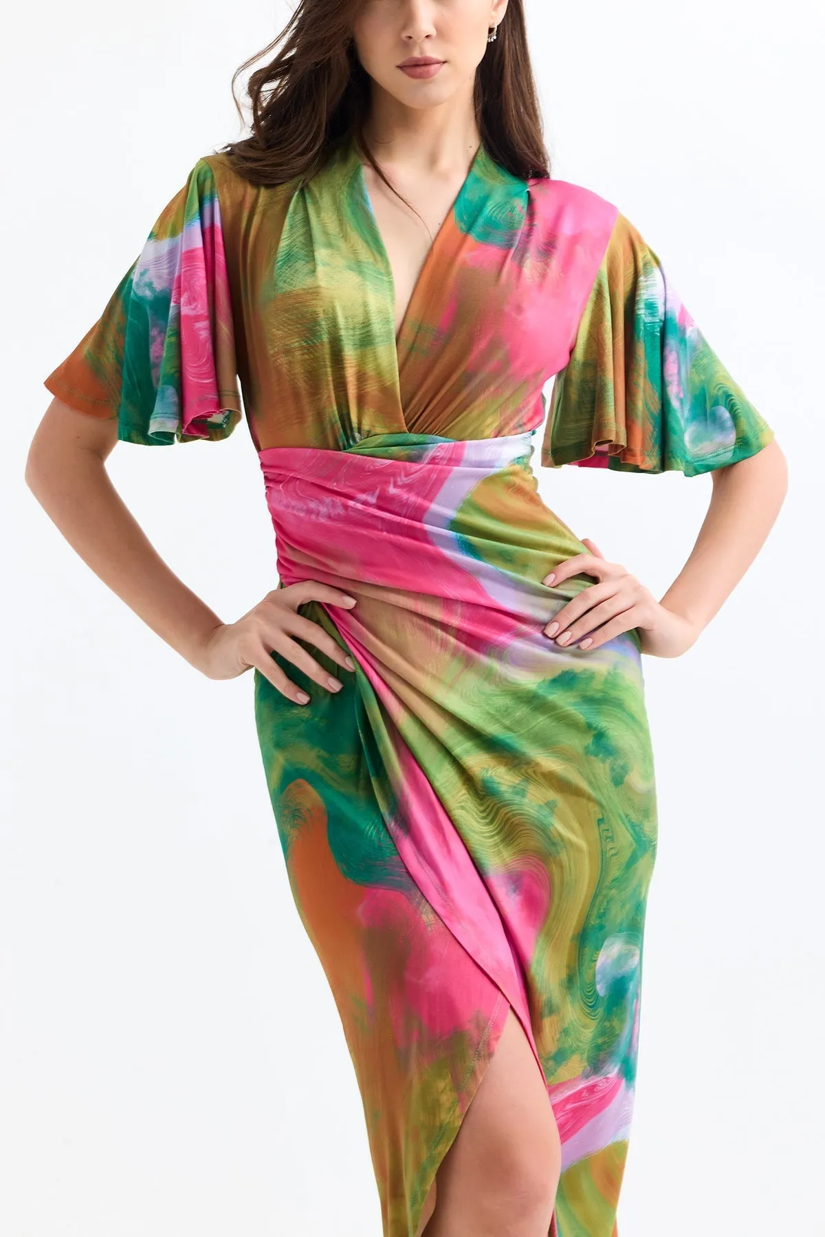 Ethereal Angel Sleeve Wrap Dress in Samui Green Print
