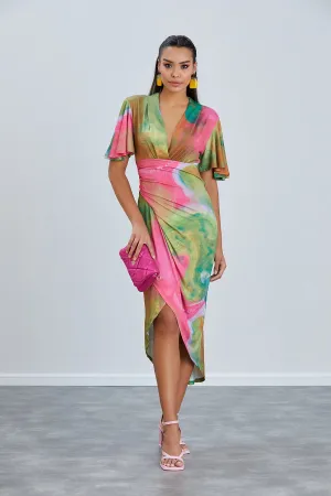 Ethereal Angel Sleeve Wrap Dress in Samui Green Print