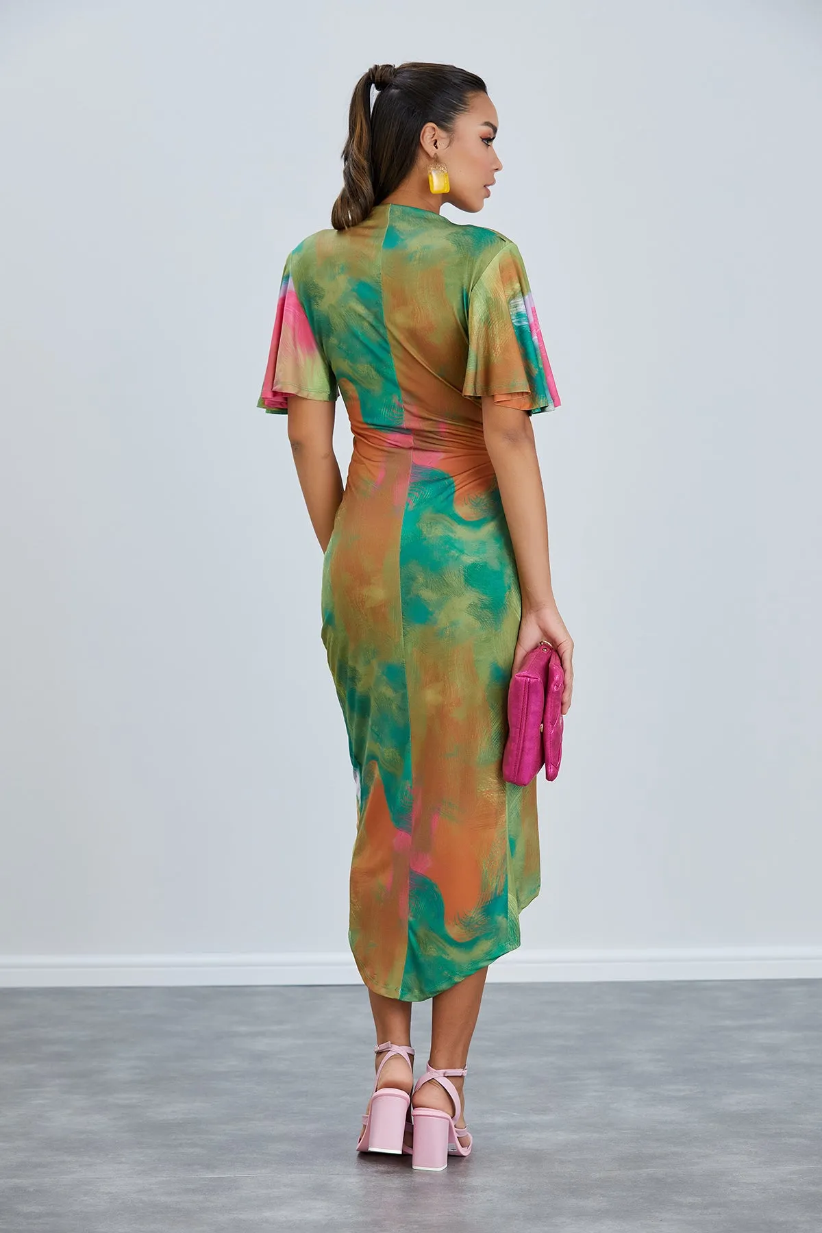 Ethereal Angel Sleeve Wrap Dress in Samui Green Print