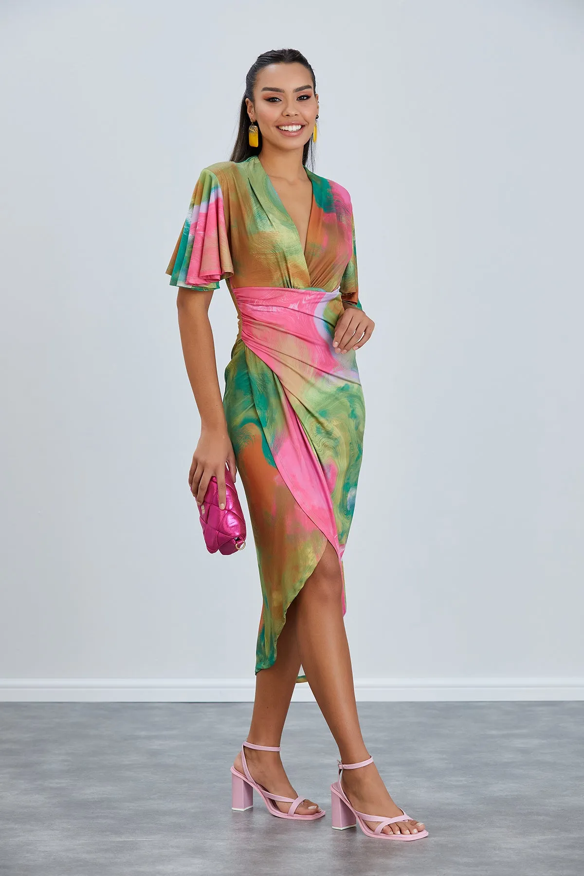 Ethereal Angel Sleeve Wrap Dress in Samui Green Print