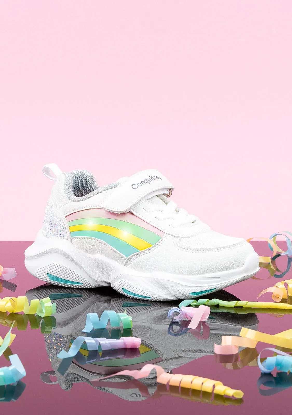 Girl's White Rainbow With Lights Sneakers
