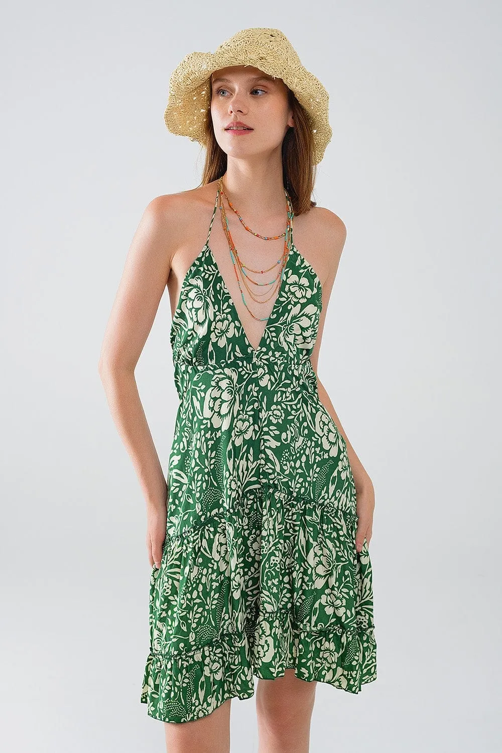 Green Short Boho Style Satin Flower Print Dress