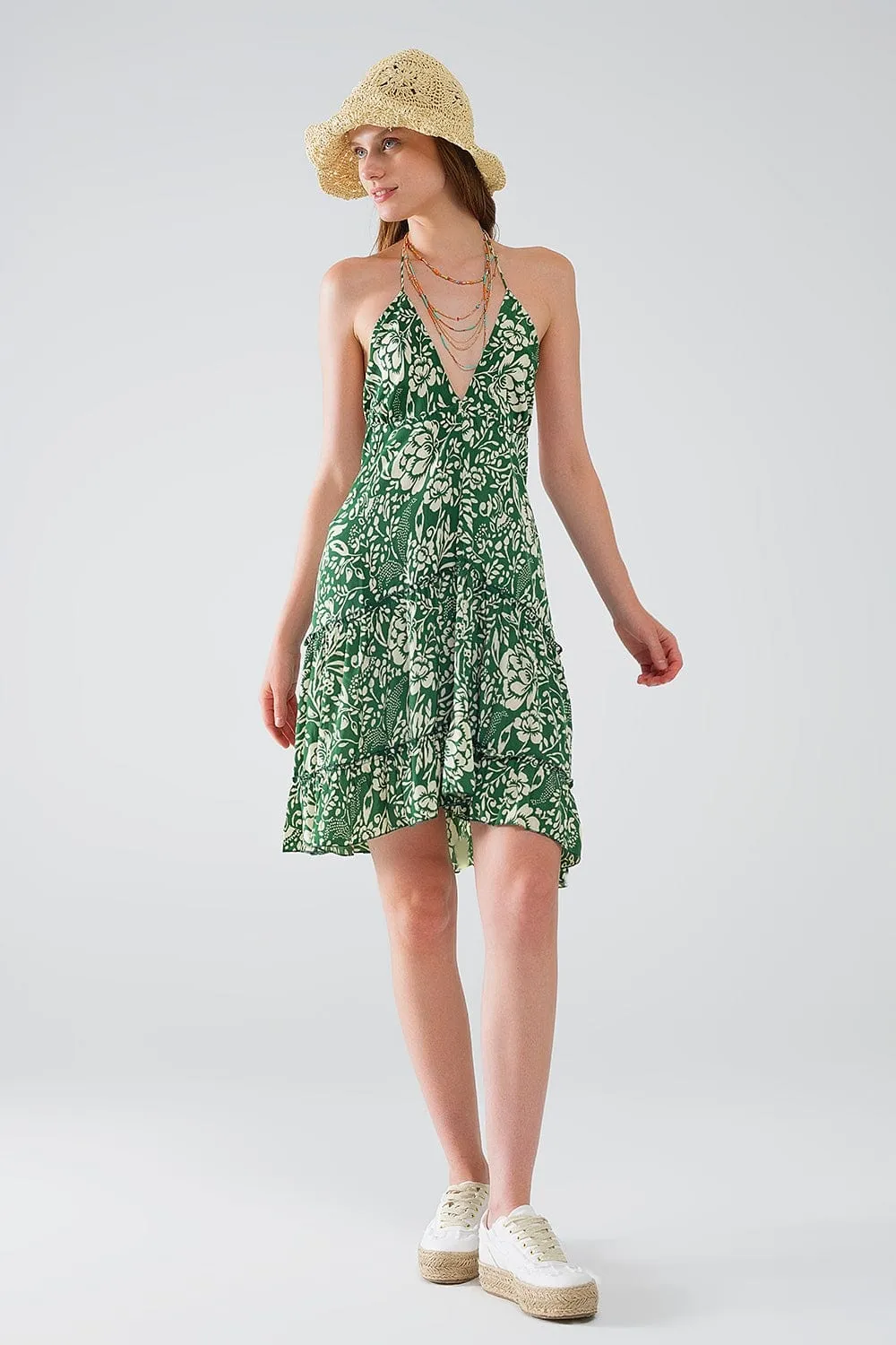 Green Short Boho Style Satin Flower Print Dress
