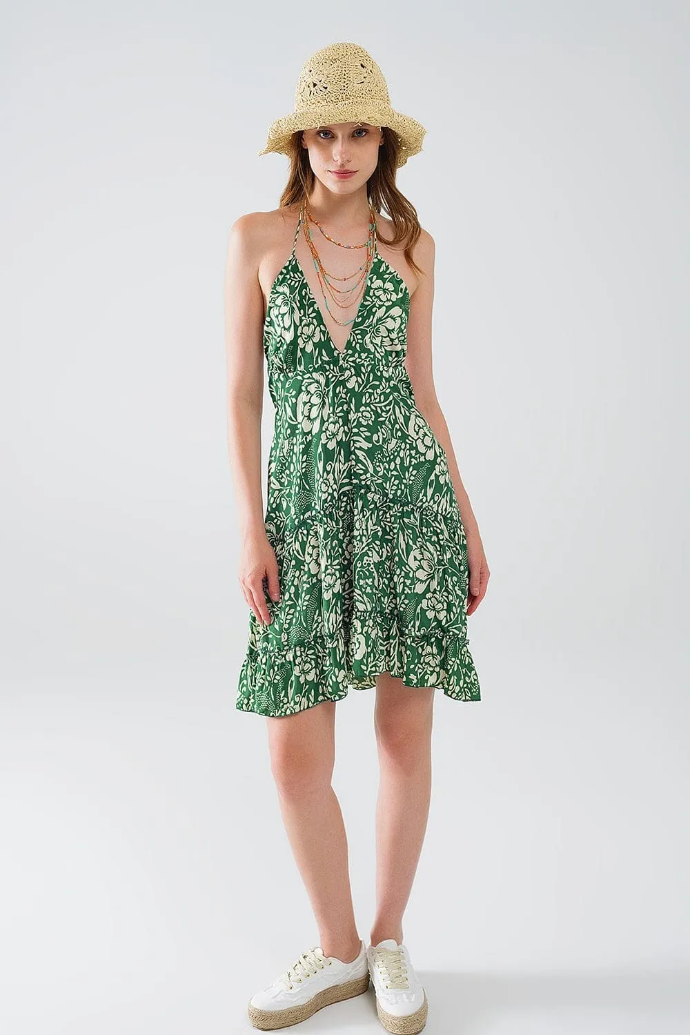 Green Short Boho Style Satin Flower Print Dress