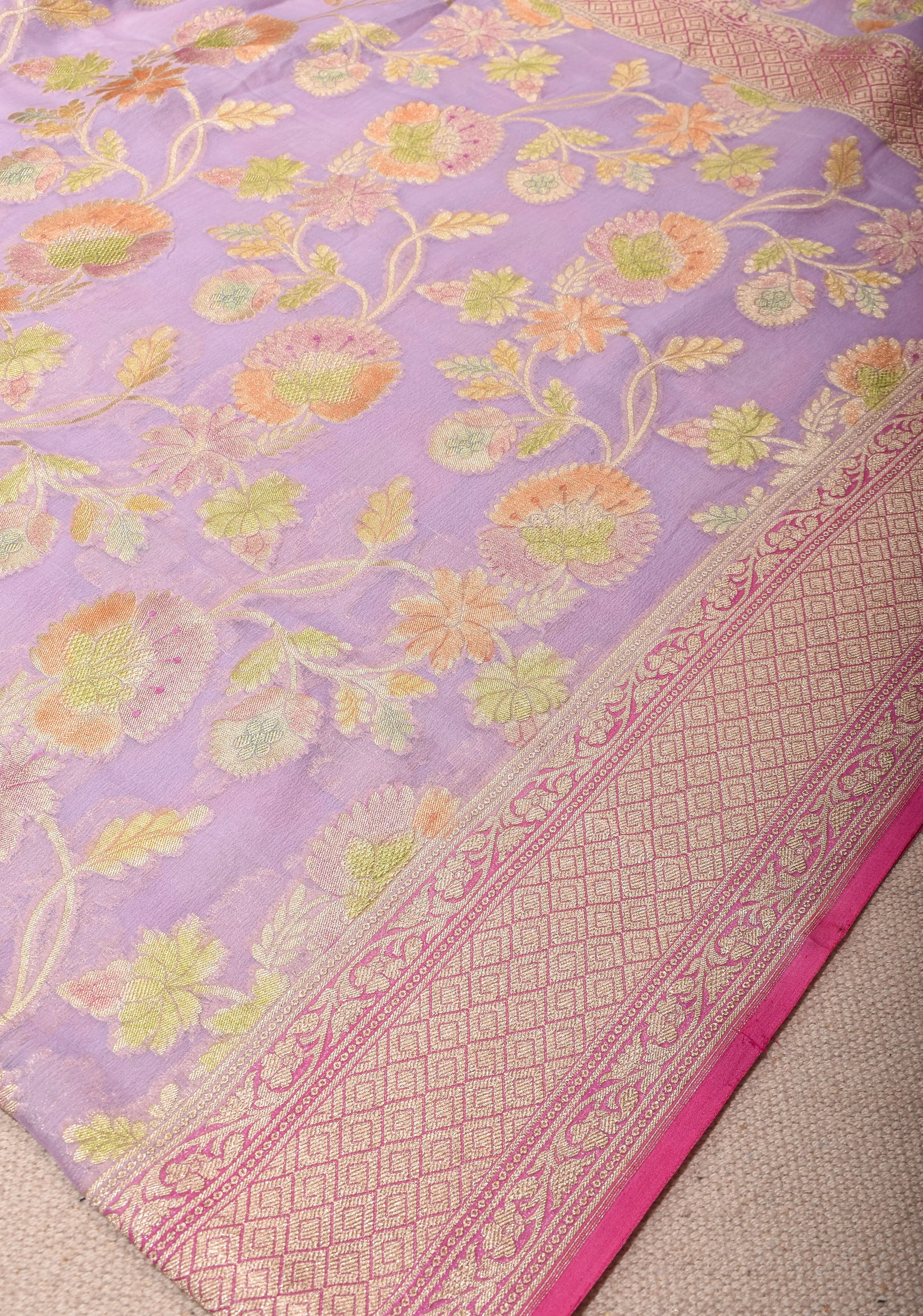Hand Brush Dye lilac Banarasi Pure Silk Georgette Saree with floral zari border | SILK MARK CERTIFIED