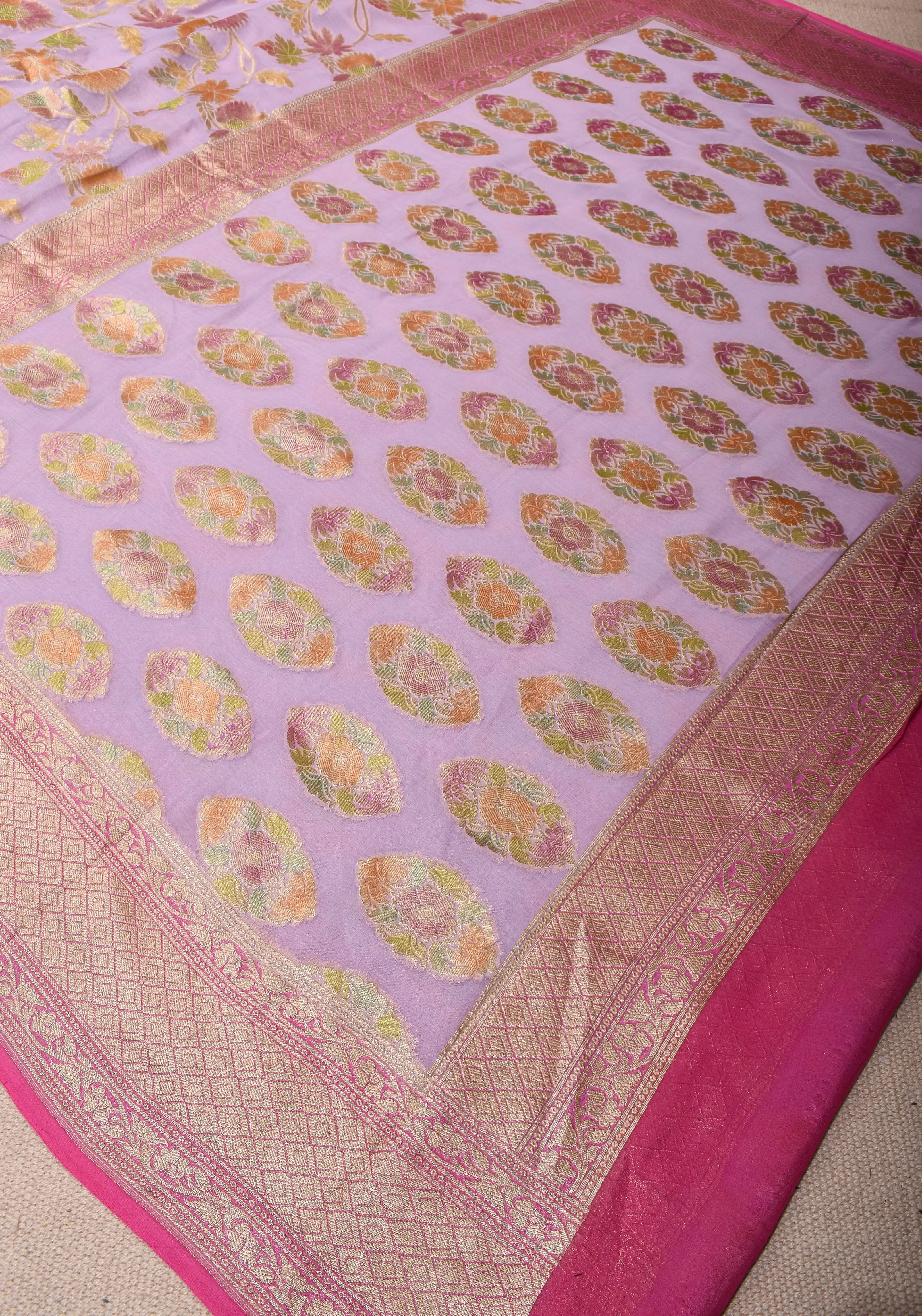 Hand Brush Dye lilac Banarasi Pure Silk Georgette Saree with floral zari border | SILK MARK CERTIFIED