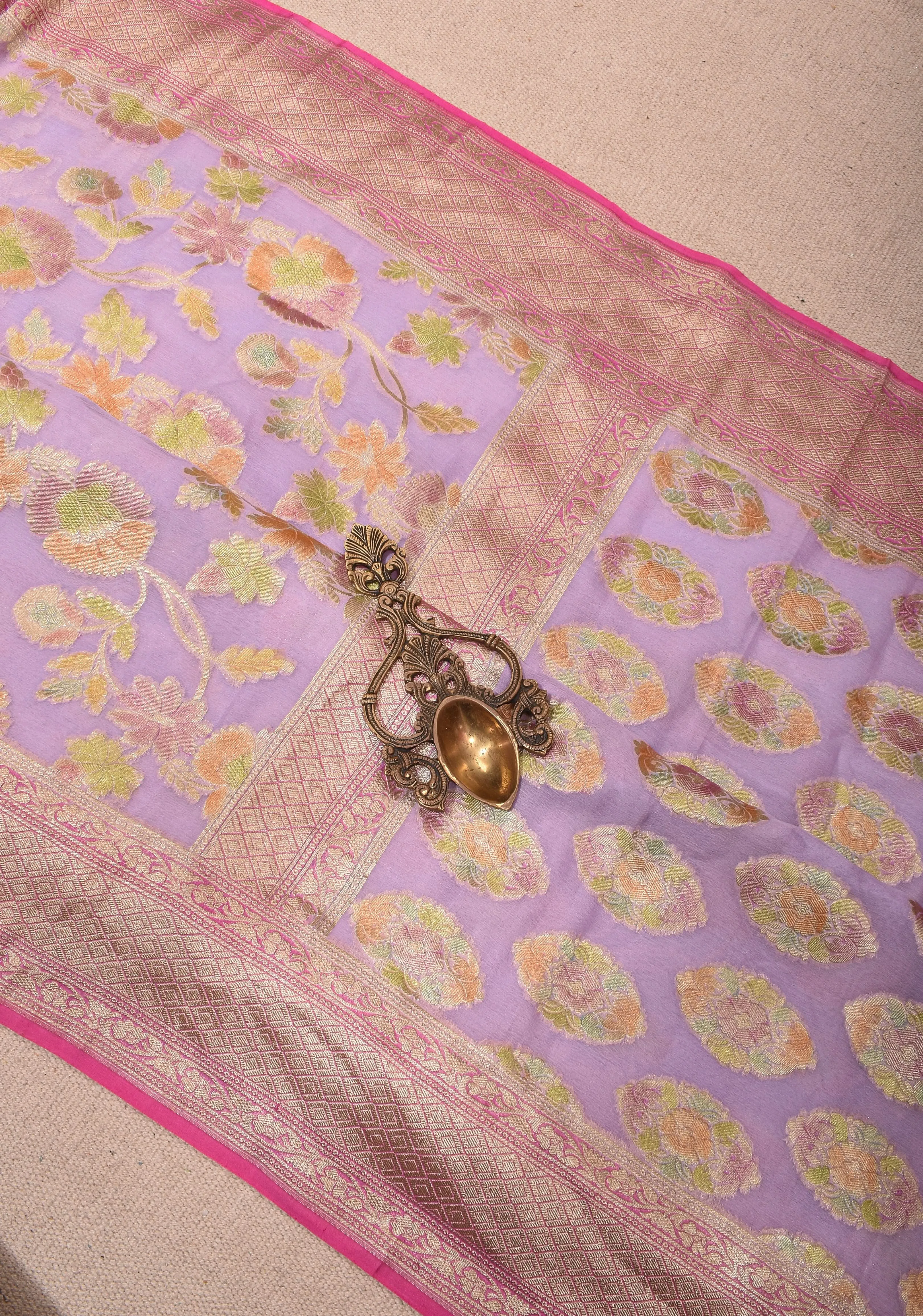 Hand Brush Dye lilac Banarasi Pure Silk Georgette Saree with floral zari border | SILK MARK CERTIFIED