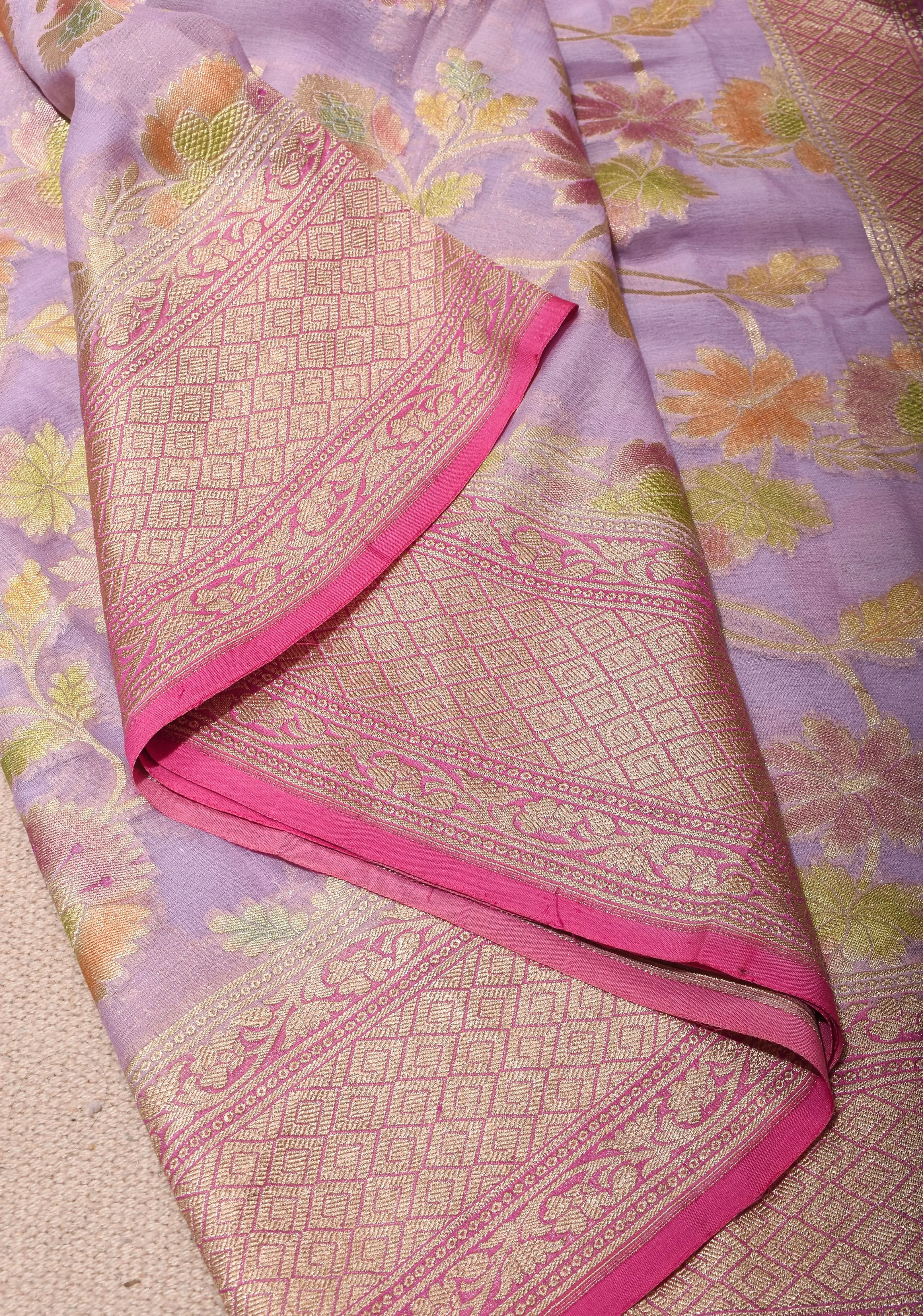 Hand Brush Dye lilac Banarasi Pure Silk Georgette Saree with floral zari border | SILK MARK CERTIFIED