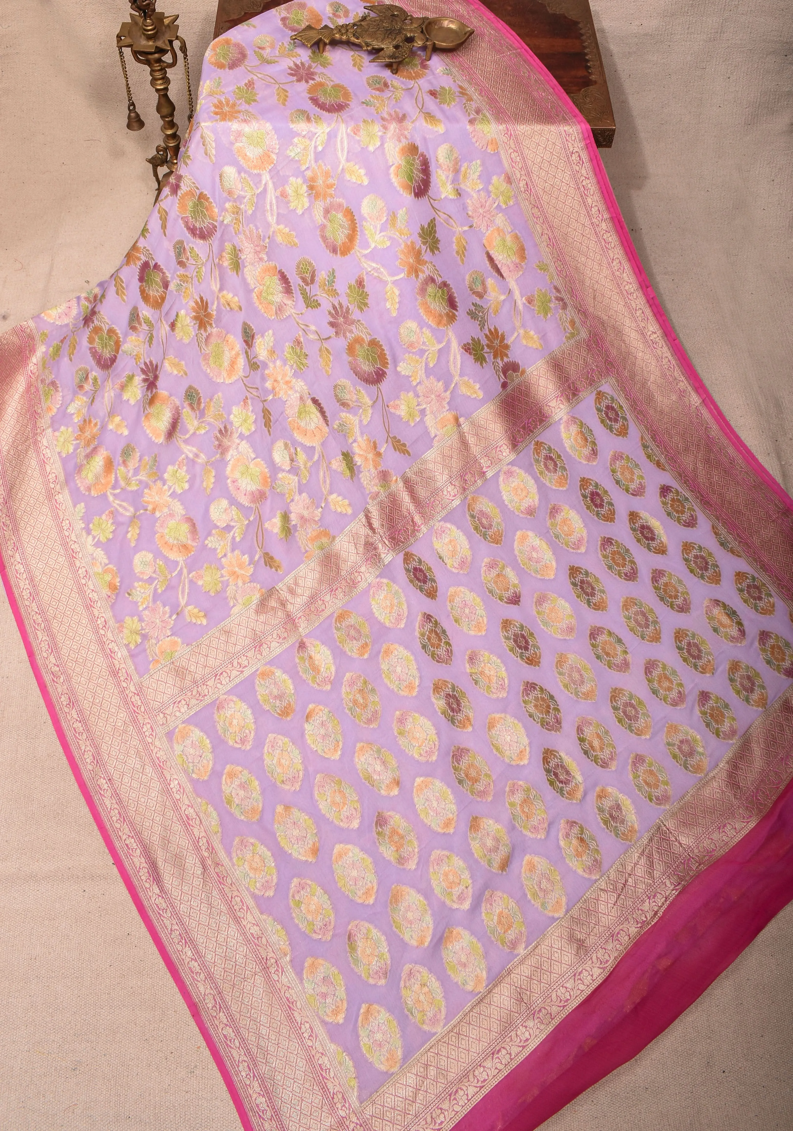 Hand Brush Dye lilac Banarasi Pure Silk Georgette Saree with floral zari border | SILK MARK CERTIFIED