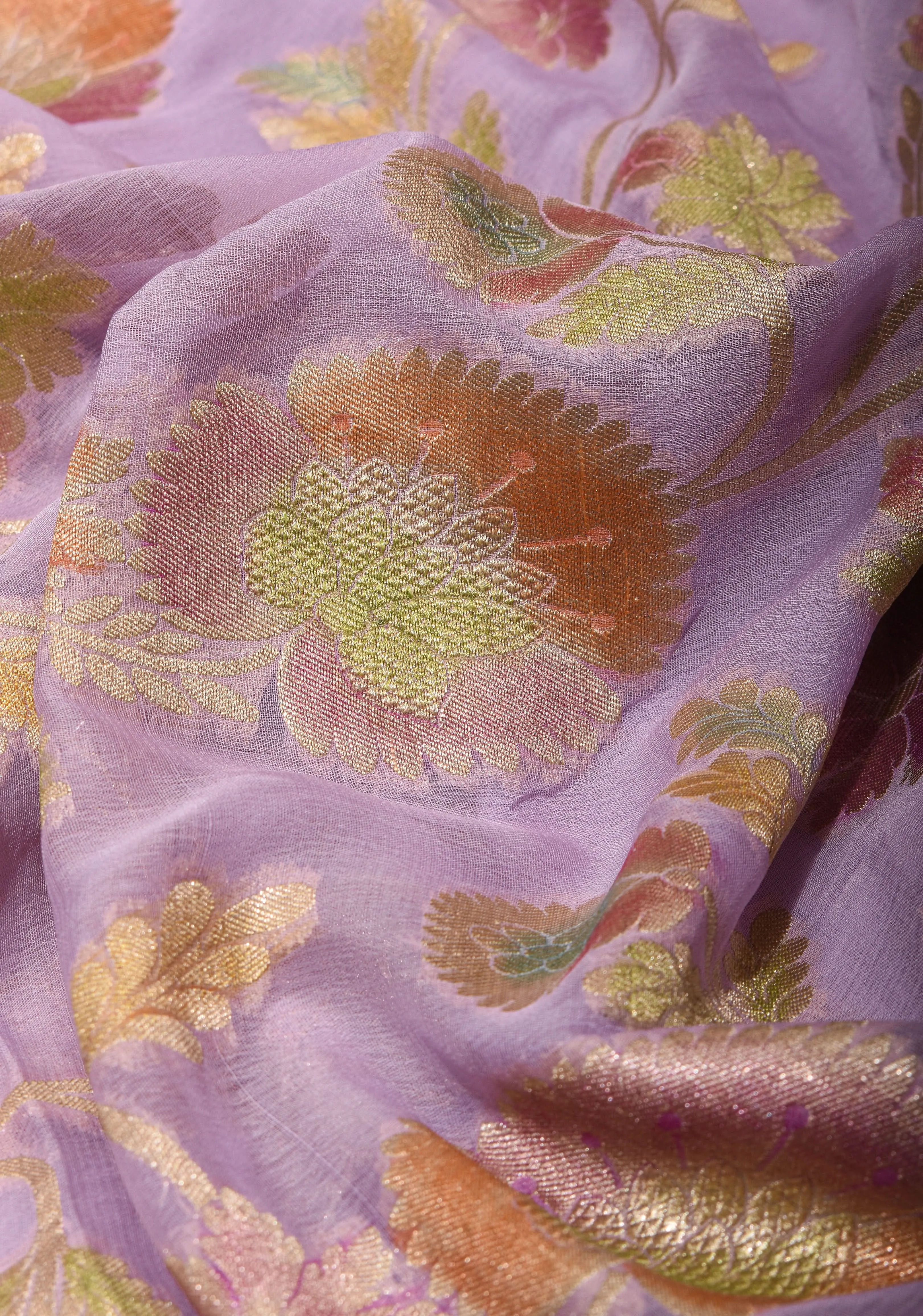 Hand Brush Dye lilac Banarasi Pure Silk Georgette Saree with floral zari border | SILK MARK CERTIFIED