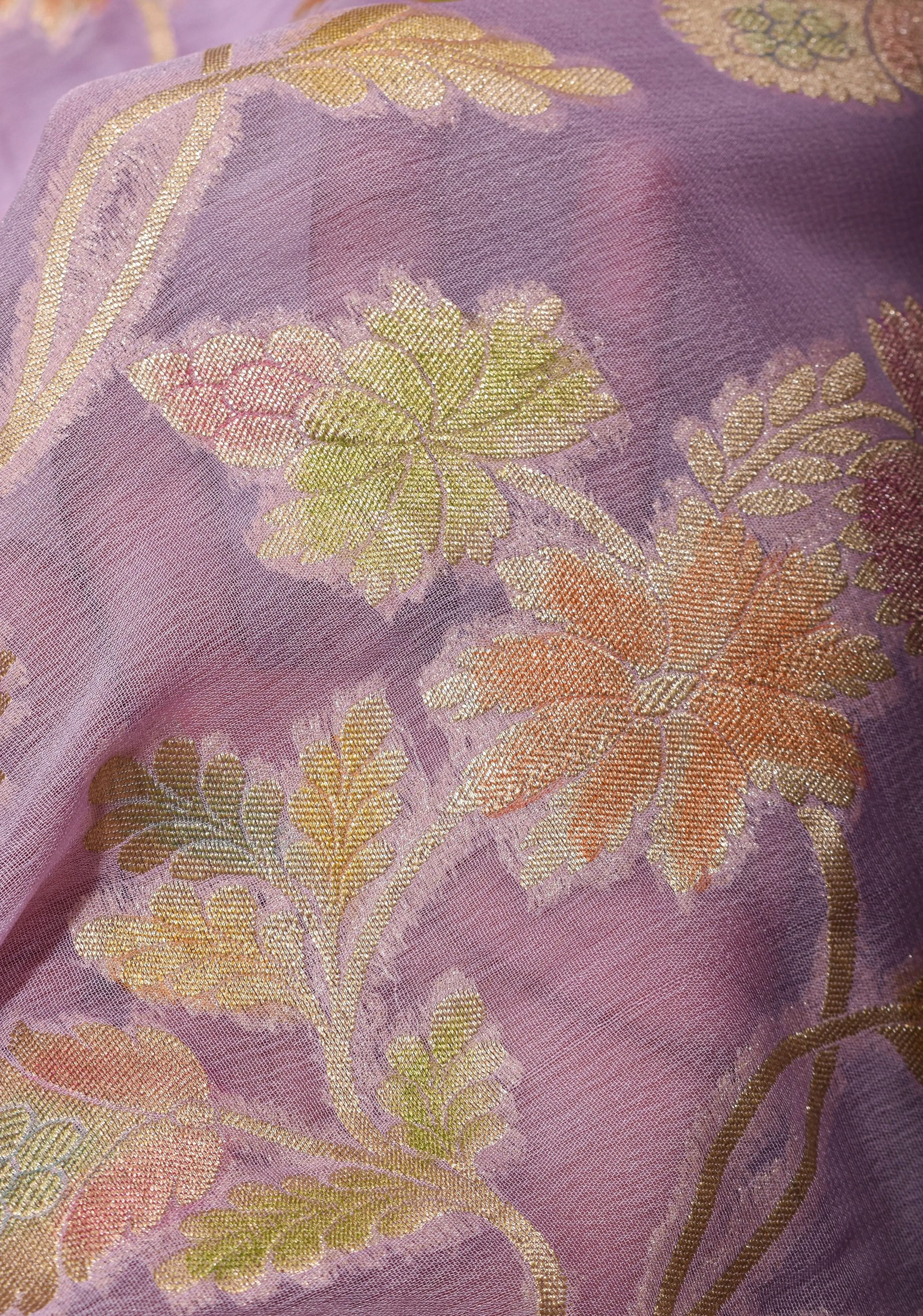 Hand Brush Dye lilac Banarasi Pure Silk Georgette Saree with floral zari border | SILK MARK CERTIFIED