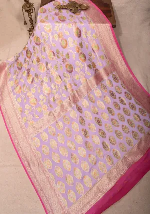 Hand Brush Dye lilac Banarasi Pure Silk Georgette Saree with floral zari border | SILK MARK CERTIFIED