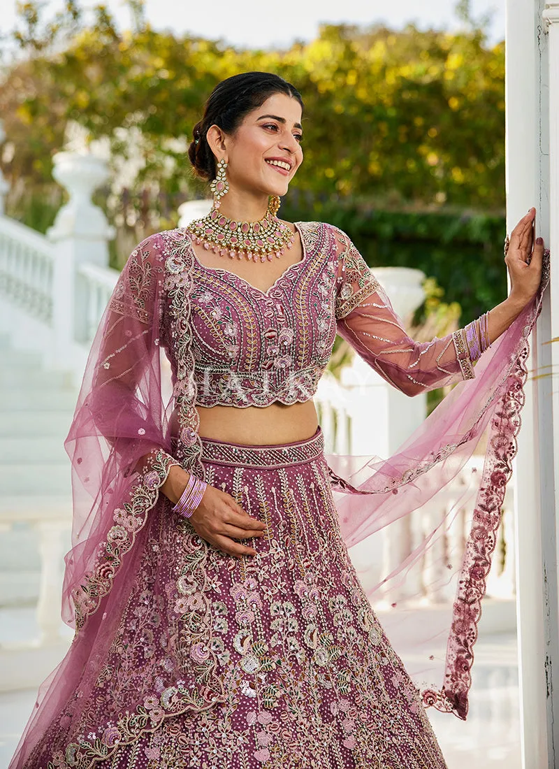 Mauve Floral Embroidery Bridal Lehenga Choli