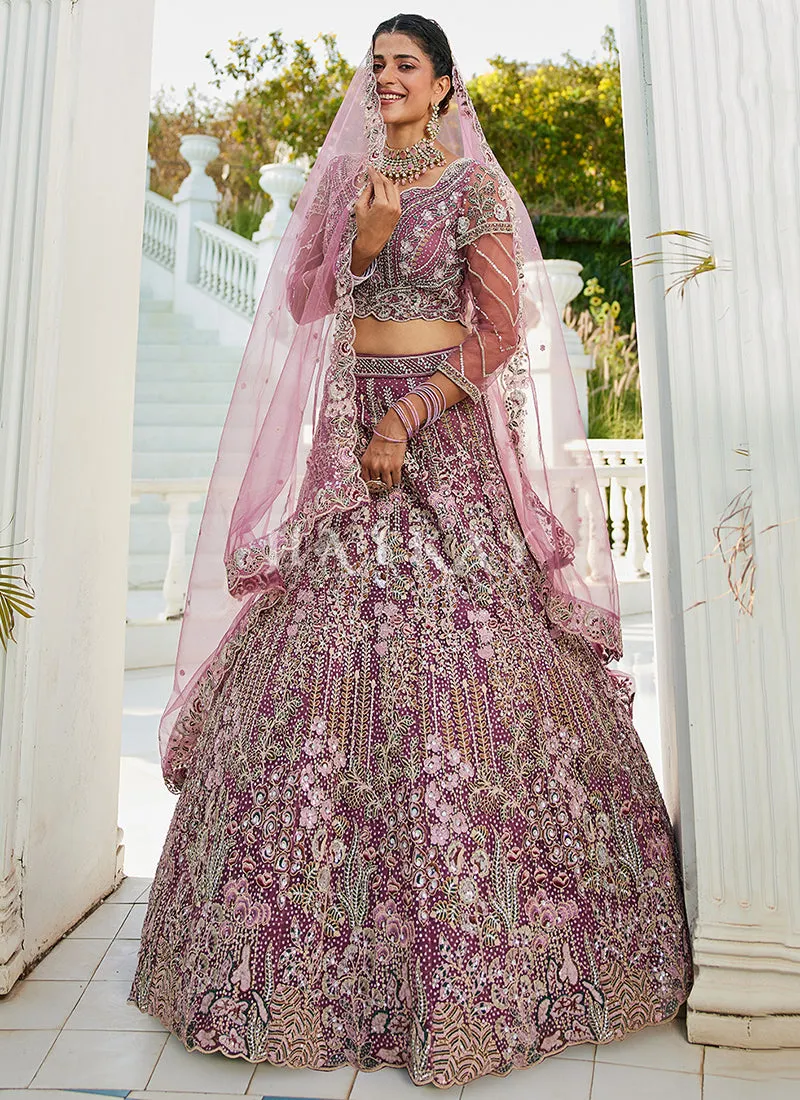 Mauve Floral Embroidery Bridal Lehenga Choli