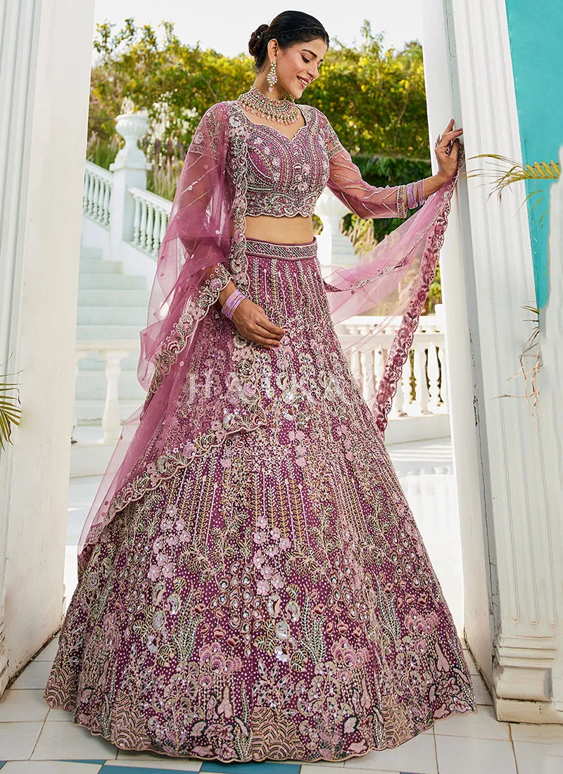 Mauve Floral Embroidery Bridal Lehenga Choli
