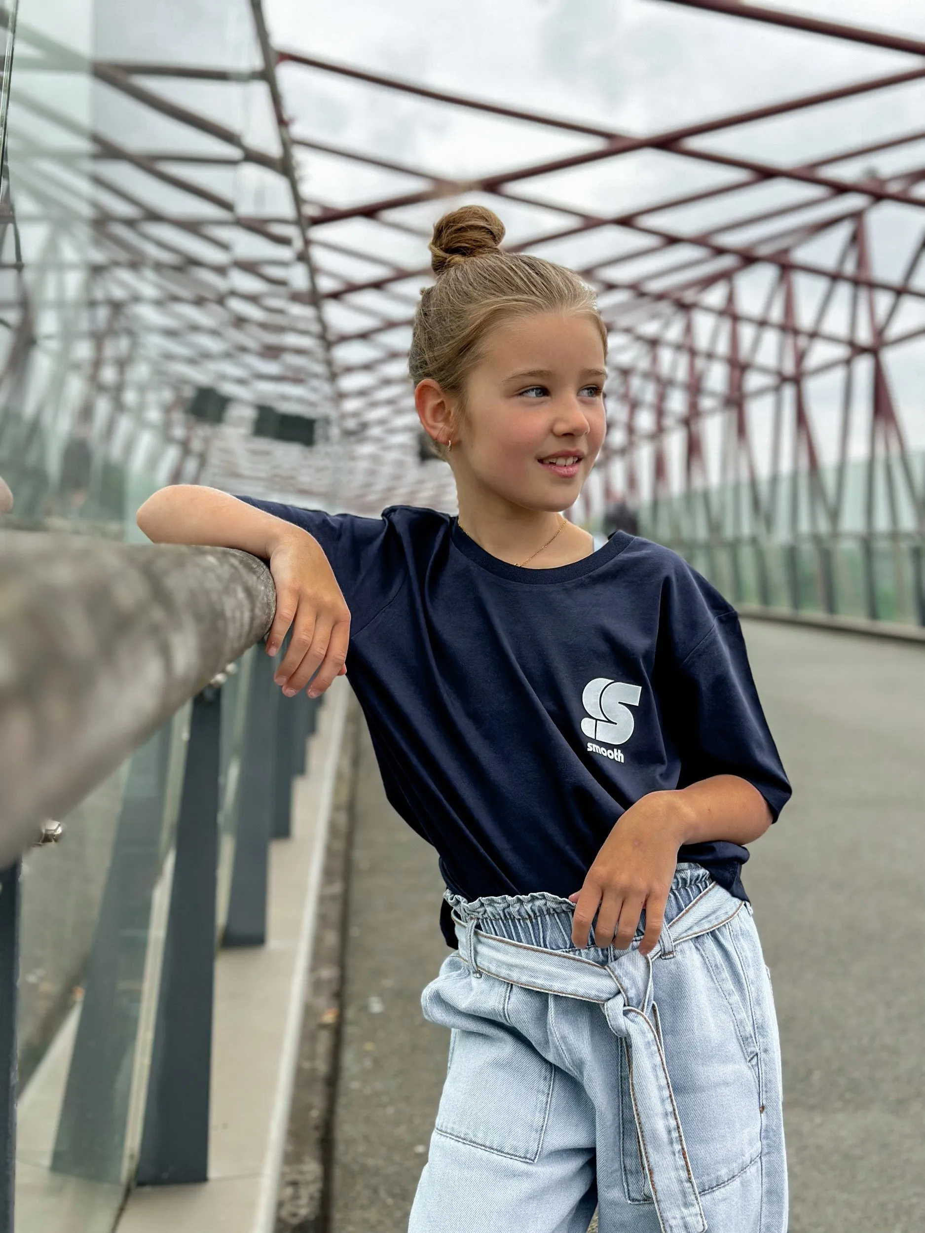 Navy Kids T / S Logo White Front Back Girls