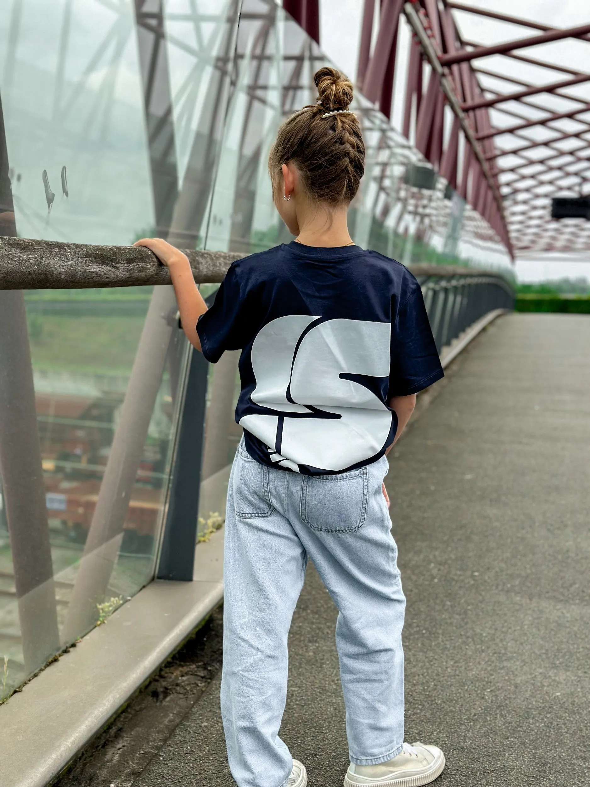 Navy Kids T / S Logo White Front Back Girls