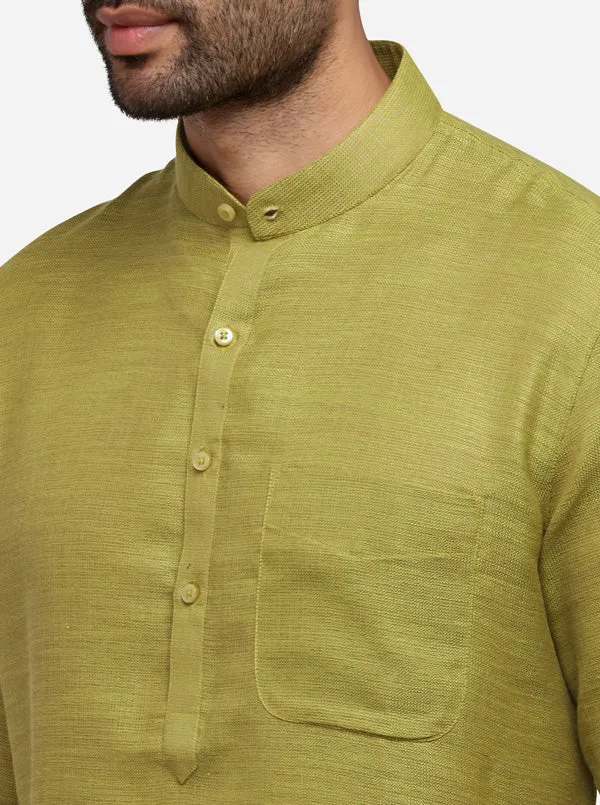 Olive Green Self Textured Regular Fit Modi Kurta | JadeBlue