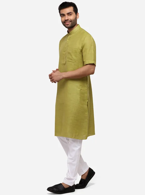 Olive Green Self Textured Regular Fit Modi Kurta | JadeBlue