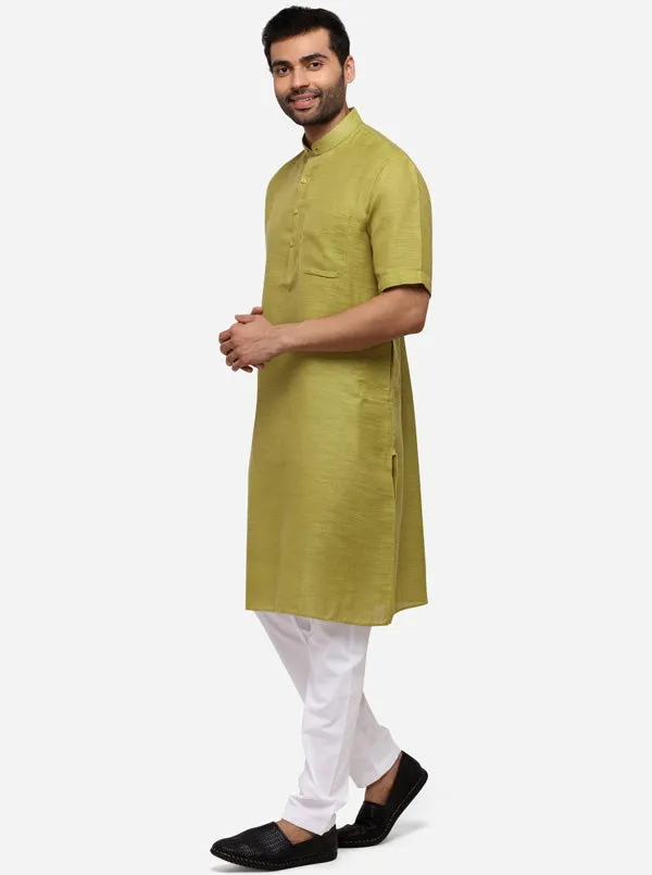 Olive Green Self Textured Regular Fit Modi Kurta | JadeBlue