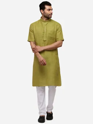 Olive Green Self Textured Regular Fit Modi Kurta | JadeBlue