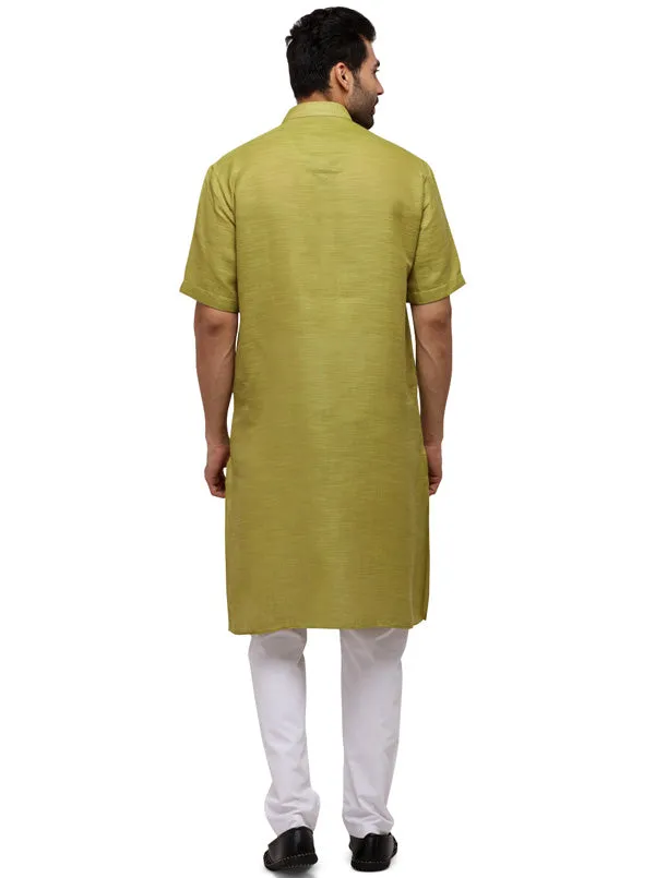 Olive Green Self Textured Regular Fit Modi Kurta | JadeBlue