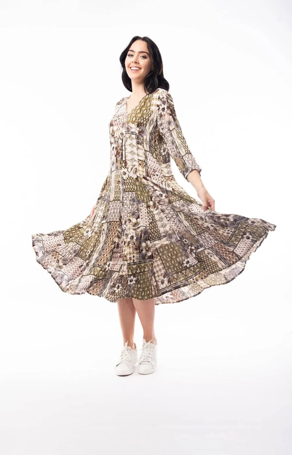 Orientique Zeus Olive Green Mix Printed Crinkle 3/4 Sleeve Godet Midi Dress