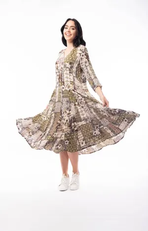 Orientique Zeus Olive Green Mix Printed Crinkle 3/4 Sleeve Godet Midi Dress