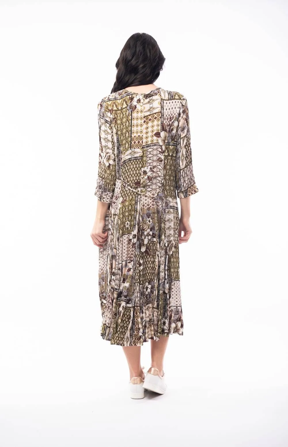 Orientique Zeus Olive Green Mix Printed Crinkle 3/4 Sleeve Godet Midi Dress