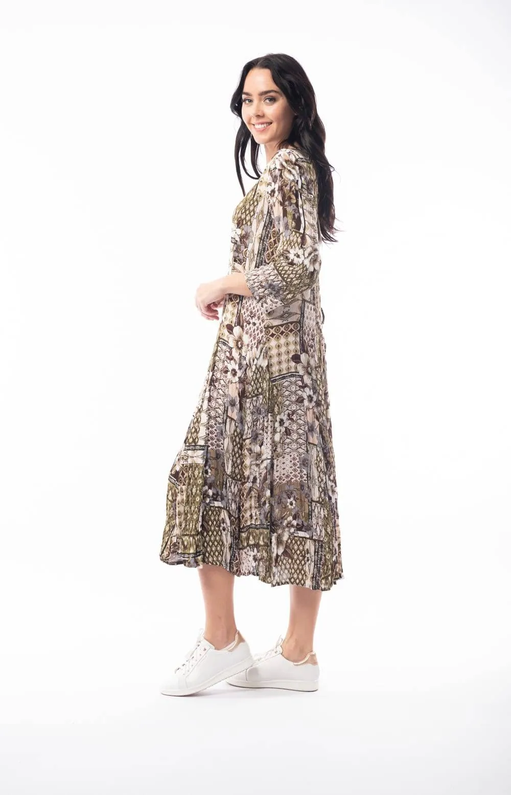 Orientique Zeus Olive Green Mix Printed Crinkle 3/4 Sleeve Godet Midi Dress