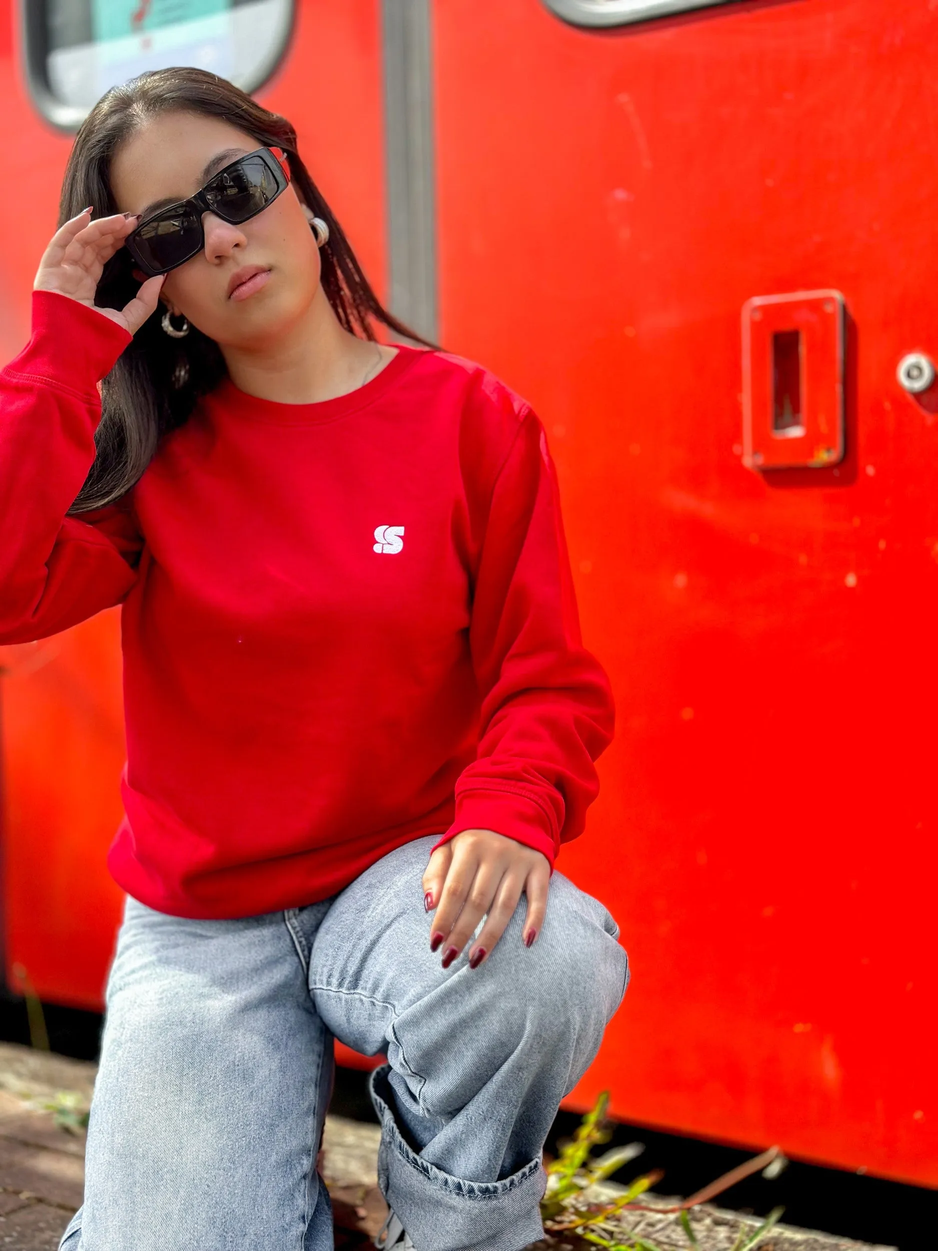 Red Crew / S Logo White Embroidered Women