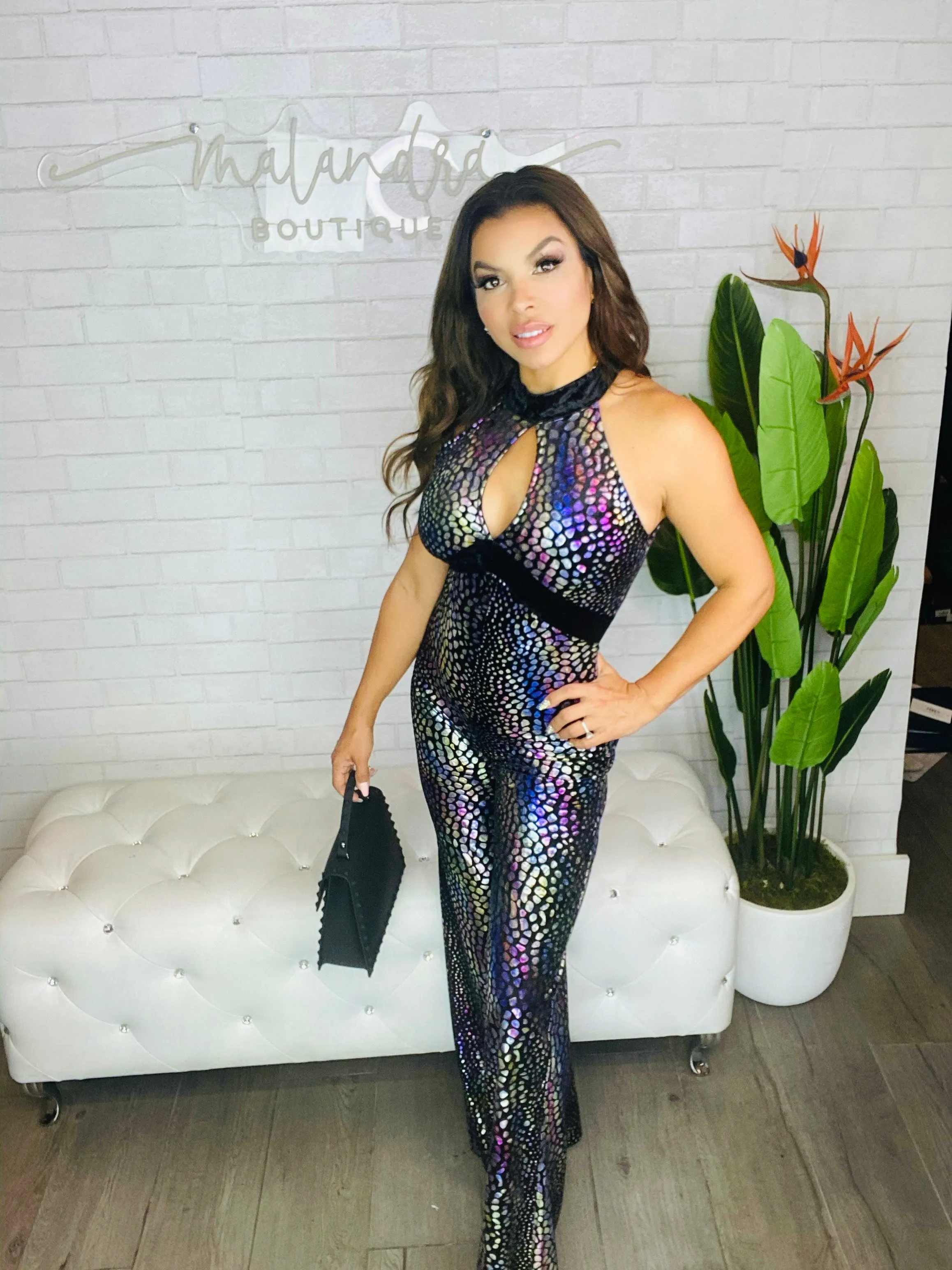 SHE BAD  Halter Neck Shimmer Jumpsuit w/ Velvet Trim