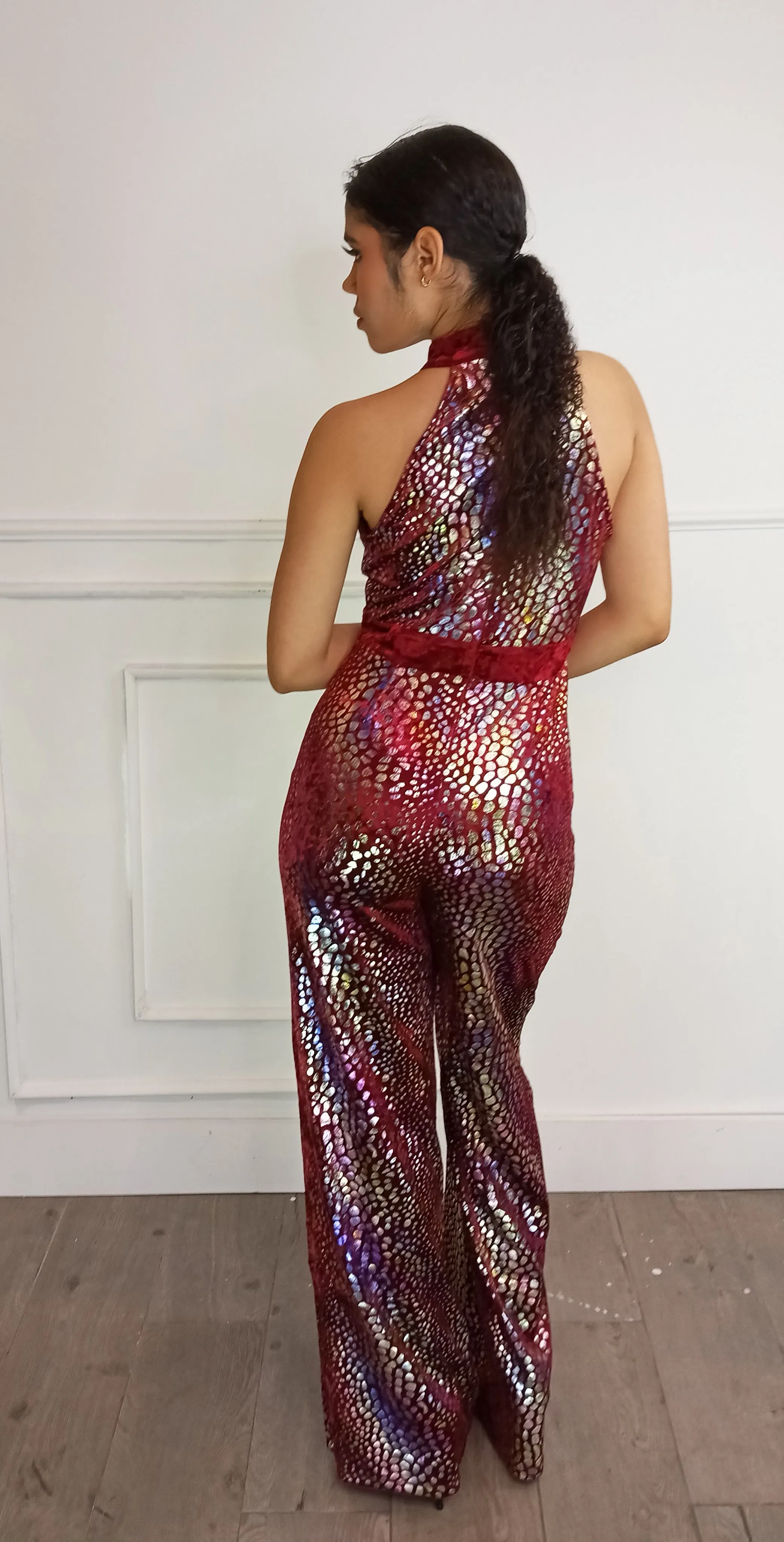 SHE BAD  Halter Neck Shimmer Jumpsuit w/ Velvet Trim