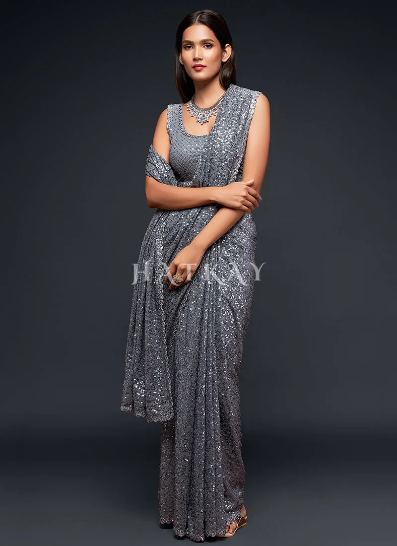 Slate Grey Sequins Embroidery Georgette Saree