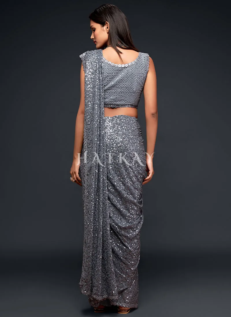 Slate Grey Sequins Embroidery Georgette Saree