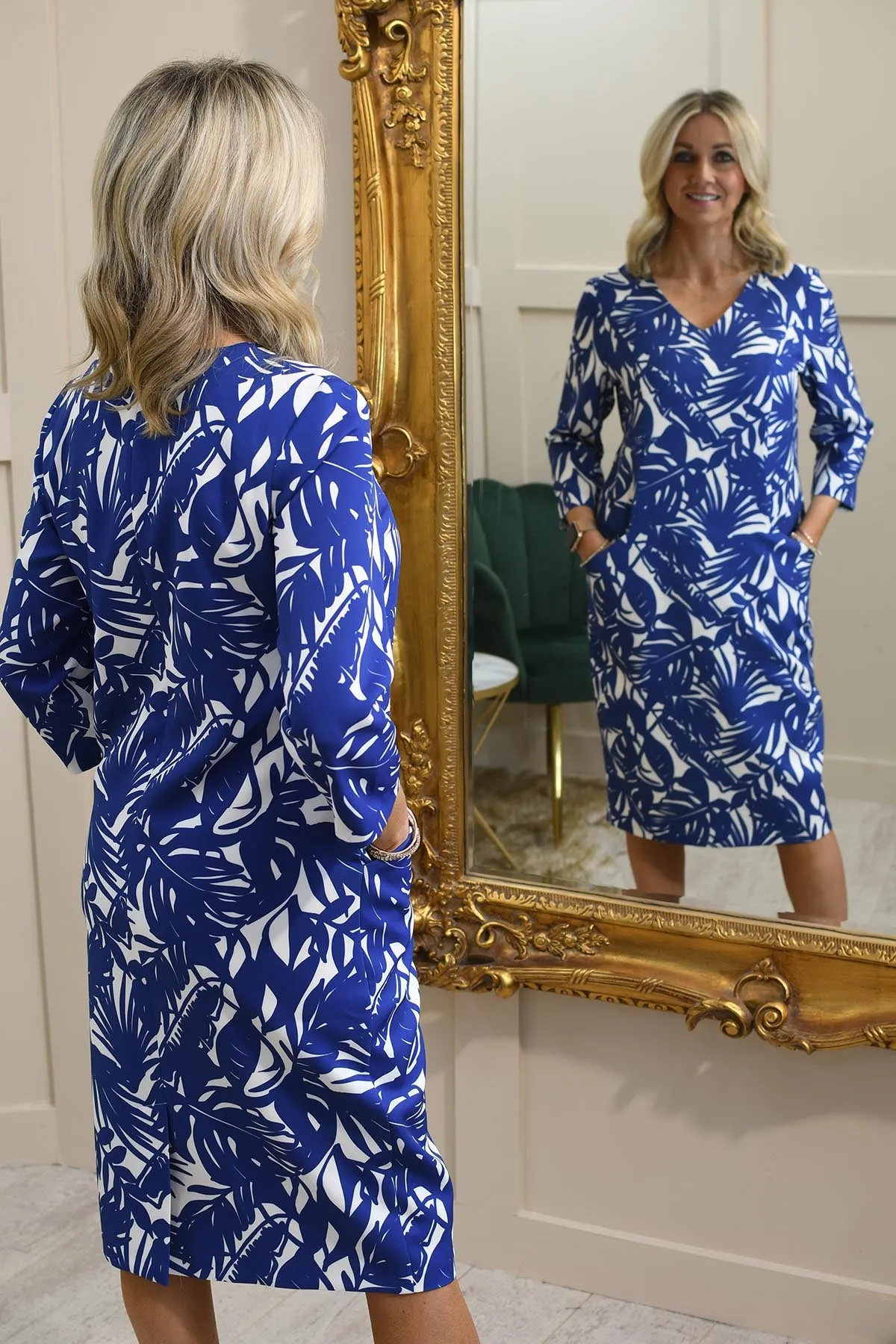 Via Veneto Royal Blue Tropical Leaf Pattern Dress With Pockets-A134 Pia