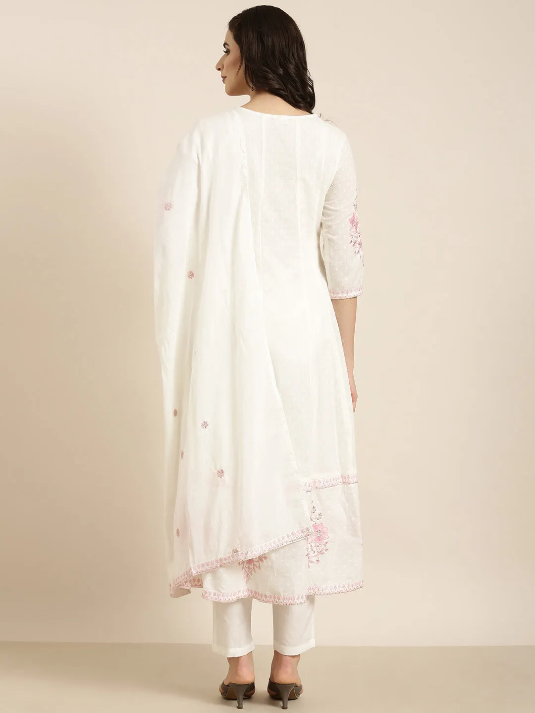 Women Anarkali Off White Floral Kurta and Trousers Set Comes With Dupatta