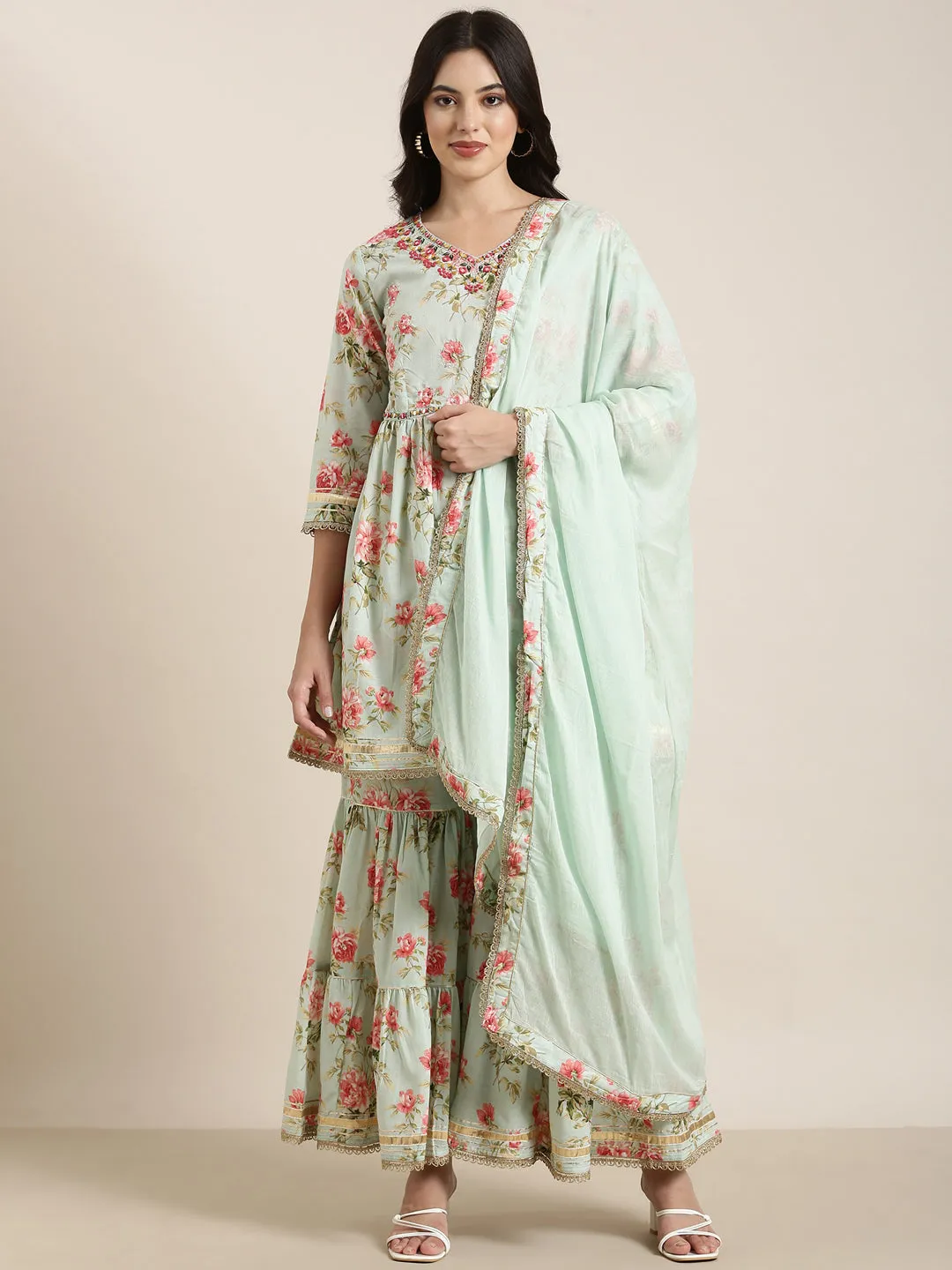 Women Anarkali Sea Green Floral Kurti and Sharara Set Comes With Dupatta