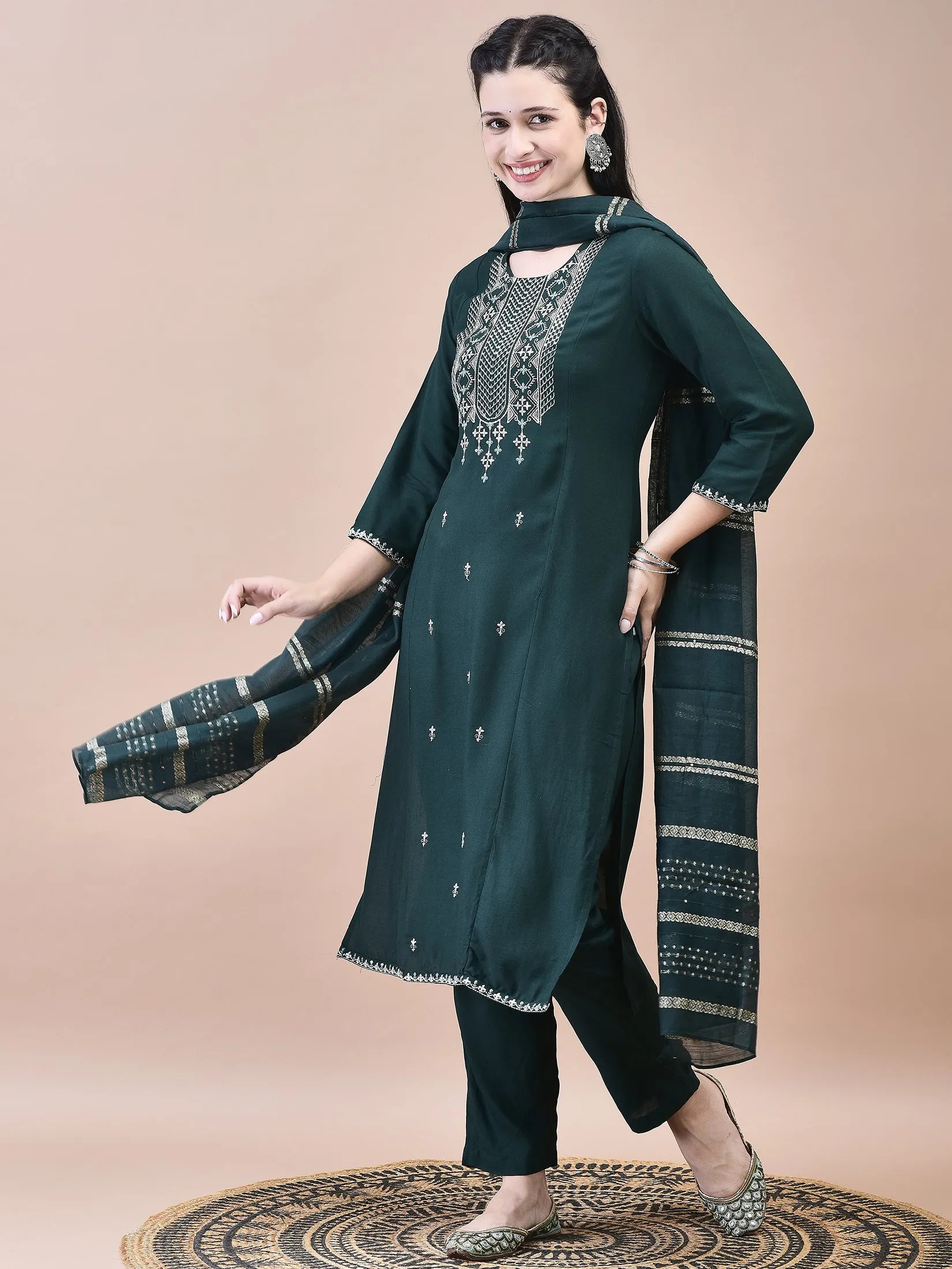 Women Liva Green Embroidered Kurta Trouser with Chanderi Dupatta