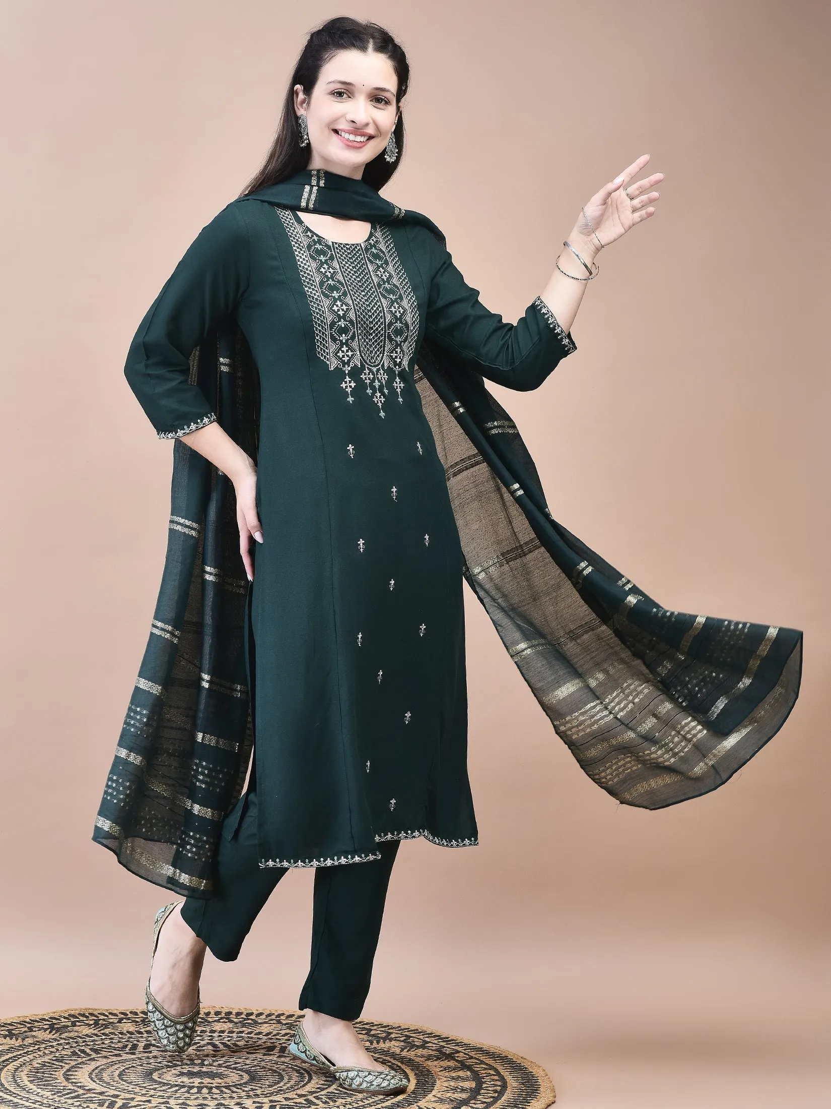 Women Liva Green Embroidered Kurta Trouser with Chanderi Dupatta