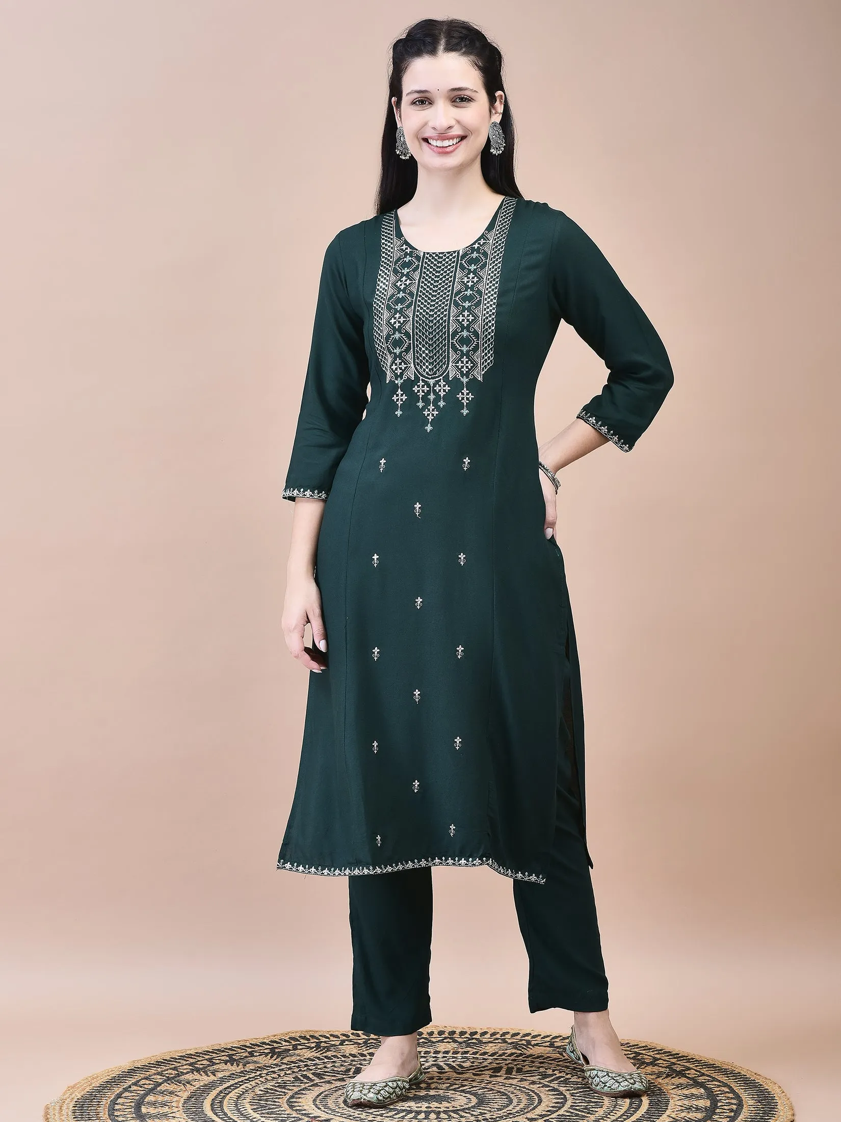 Women Liva Green Embroidered Kurta Trouser with Chanderi Dupatta